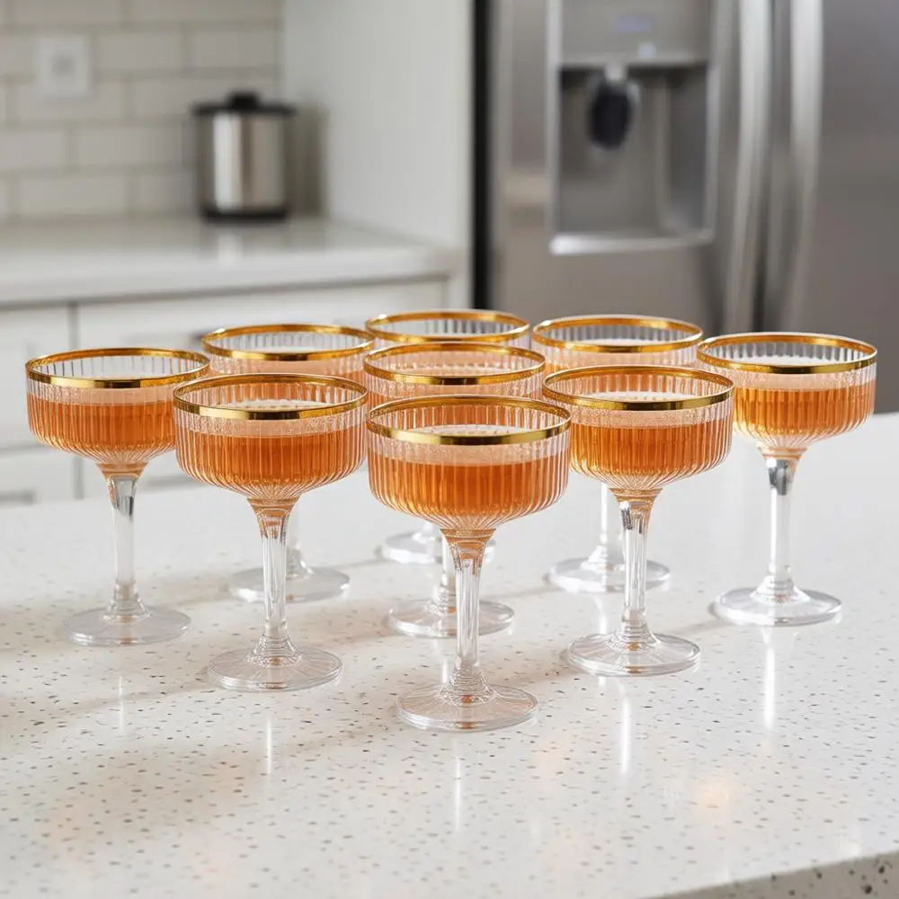 

24 шт. пластиковых бокалов для шампанского с золотым ободком, 7 унций, одноразовые винные бокалы, штабелируемые бокалы на ножке для свадьбы, дня рождения, вечеринки