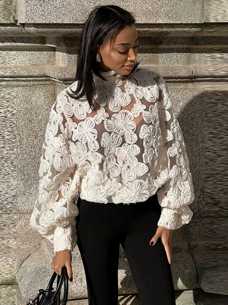 Elegant Turtleneck Hollowed-out Lace Shirt Women Chic Solid Lantern Sleeved Short Tops Female Spring Fashion High Street Top