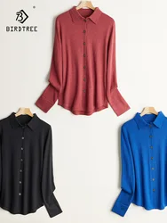 Birdtree 63.9% Silk 15.9%Cotton Shirt, 2025 Women's Autumn New Round, Solid Long Sleeve Sweater Knitted Blouses T37652QC