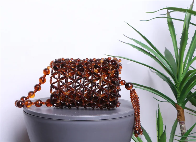 【Wonder Lamar】2023 retro Handmade Luxury Hand Bags Acrylic Woven turtle color Tassel bucket Beaded Bag