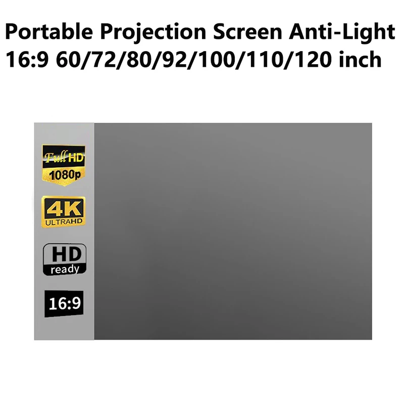 

For Home Cinema Outdoor Office Portable Projector Screen 60/72/80/92/100/120 Inch 16:9 Anti-Light Projection Reflective Cloth
