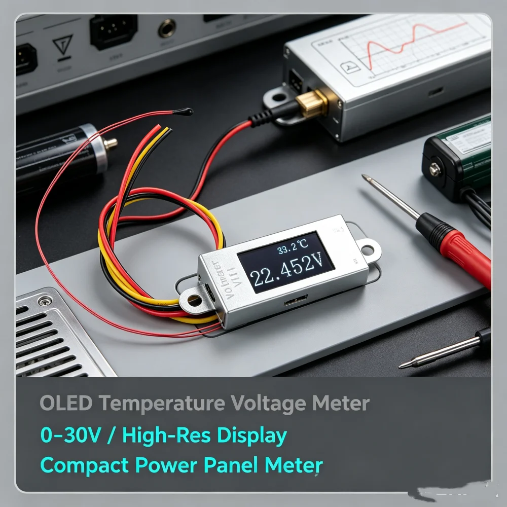0.77 inch OLED Digital Display Voltmeter For Car Motorcycle Volt Gauge Panel Meter 0-30V Temperature 0-99 C