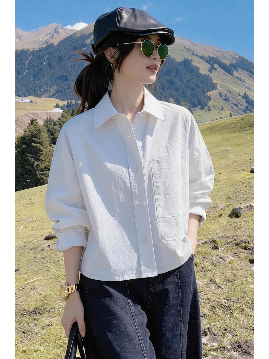 

New 2026 Women's Light Blue Short Cotton Shirt Long Sleeve Loose Fit Casual Versatile Commute Style Korean Version Breathable