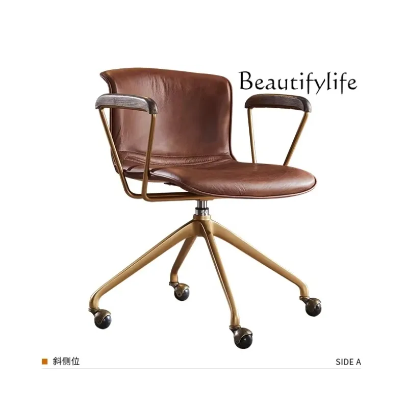 BJ Office Chair Wrought Iron Computer Swivel Chair Nordic Modern First-layer Cowhide All-leather Nostalgic Antique