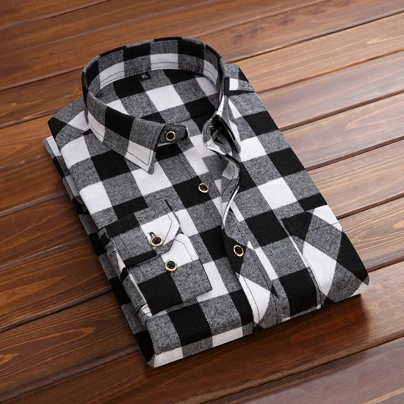 Spring Autumn 2024 Sanding Plaid Korean Version Pocket Plus Size Long Sleeve Casual Shirt Young Middle-aged People Men's Blouse