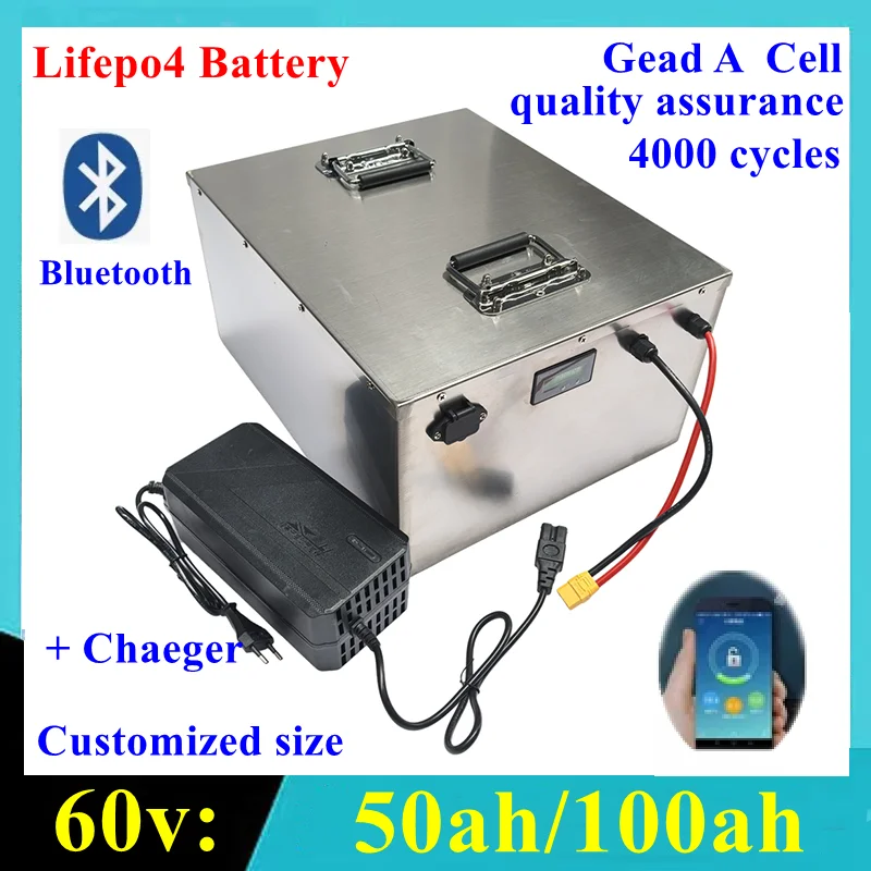 

60V 50Ah 100Ah LiFePO4 Battery Pack Built-in Bluetooth BMS Lithium Iron Phosphate For Solar Golf Cart RV Storage Boat