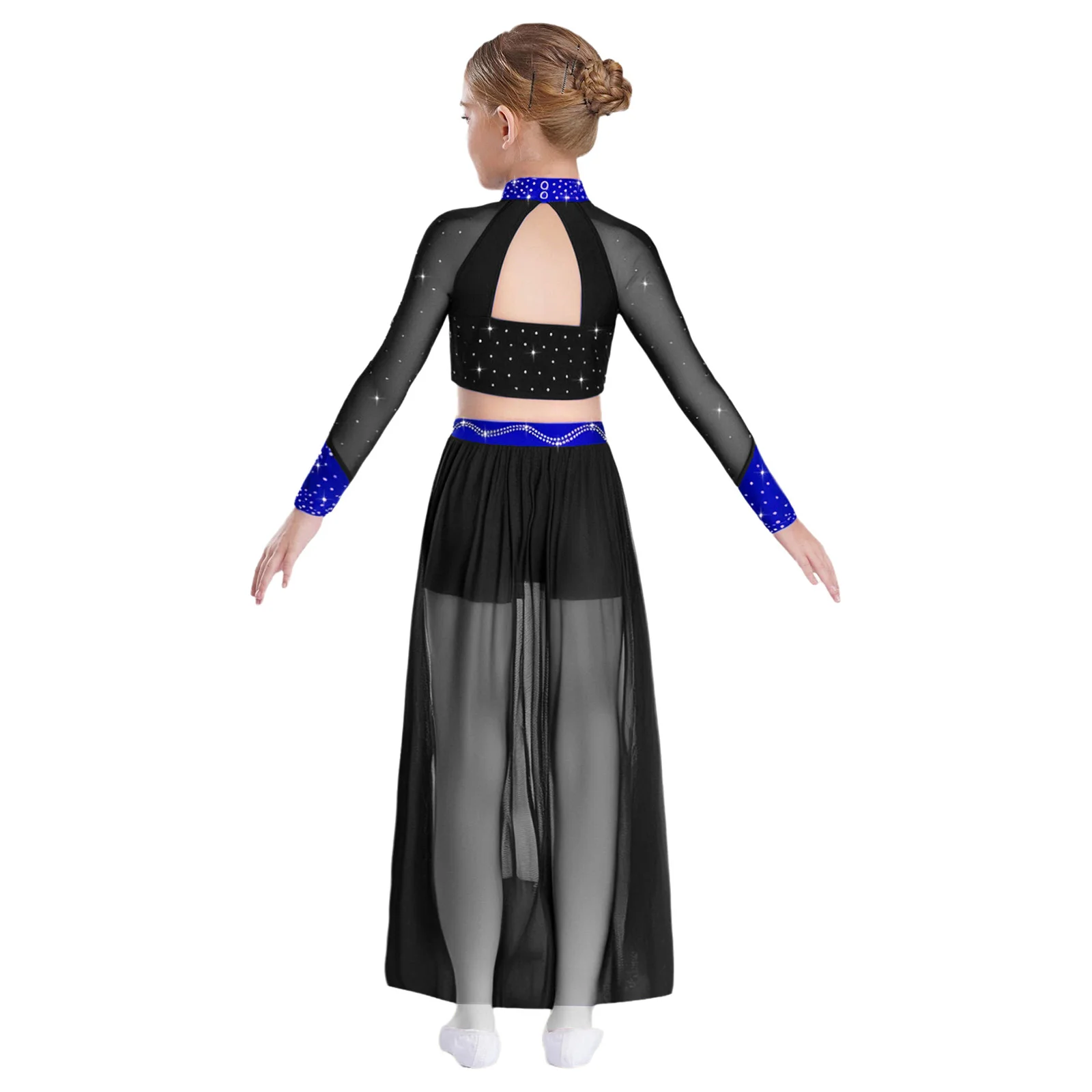 キッズガールモダン叙情的なダンス衣装光沢のあるラインストーン長袖カットアウトメッシュパッチワークカラーブロッククロップトップ+ショートパンツスカートセット