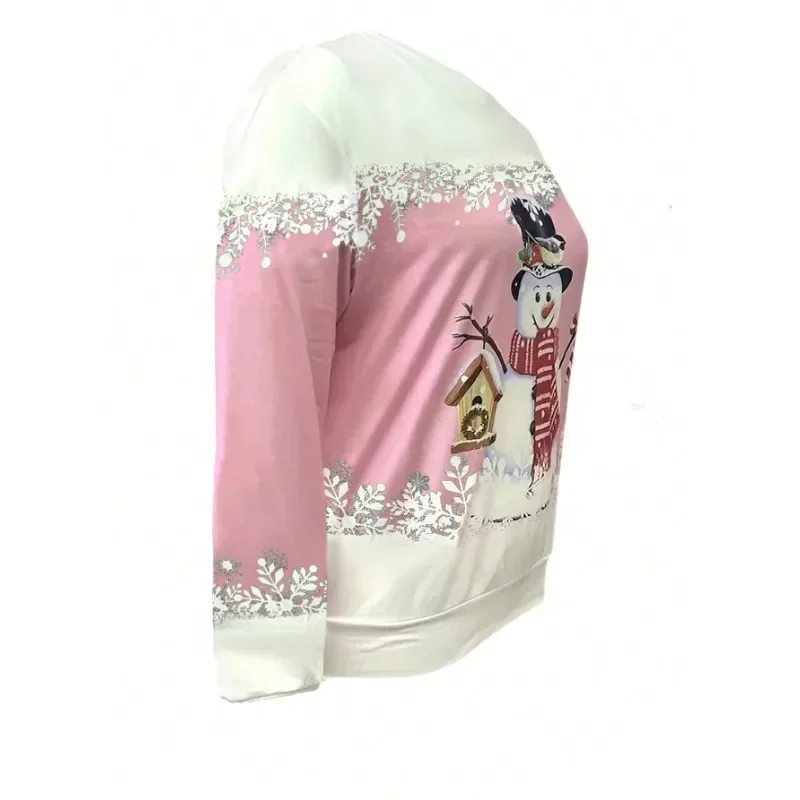 Plus Size 1XL-5XL Herfst Damesmode Item Sneeuwpop Print T-shirt Dames Contrasterende Kleur Comfortabele Lange Mouwen T-shirt