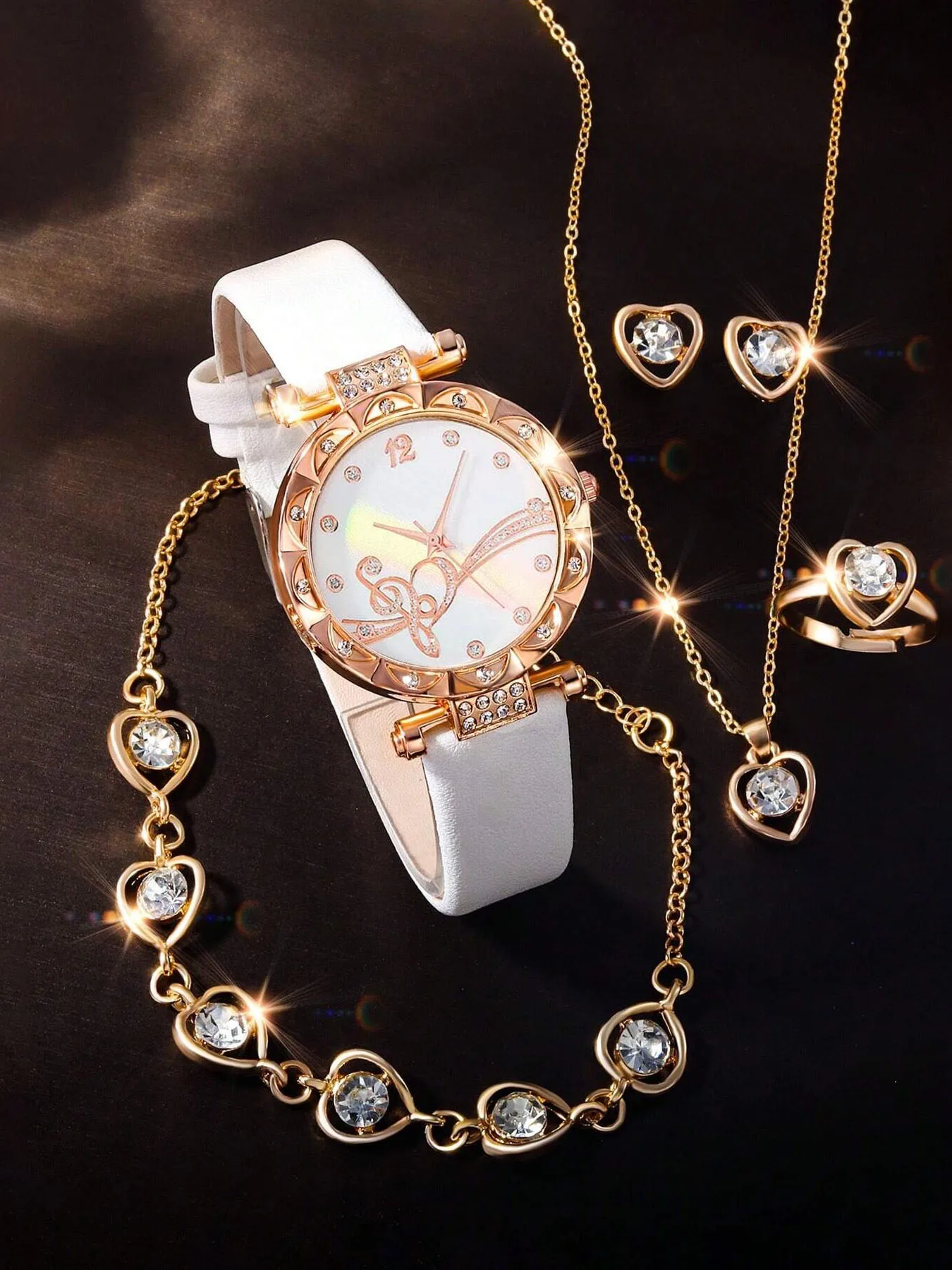 6-piece elegant and adorable girl's white leather quartz everyday all-purpose watch set