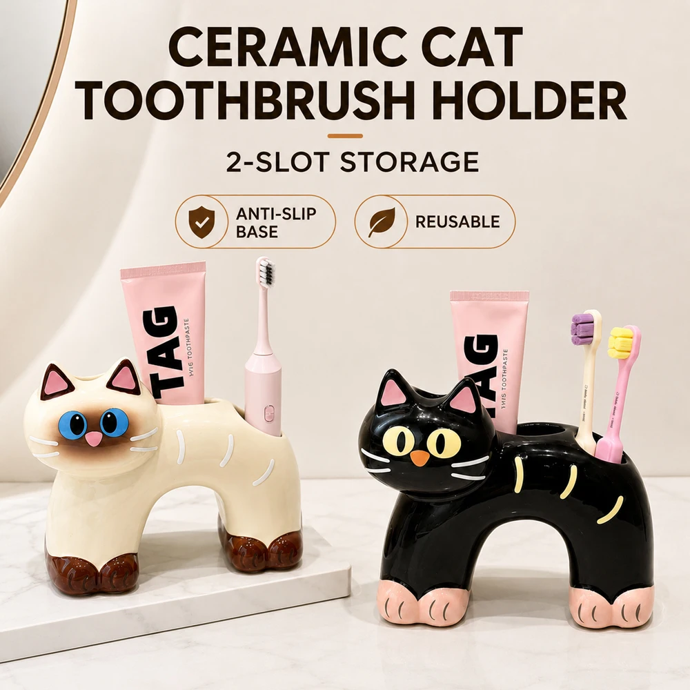 Ceramic Cat Toothbrush Holder Creative 2 Slot Toothbrush Storage Rack Reusable Anti-Slip Base Electric Toothbrush Stand