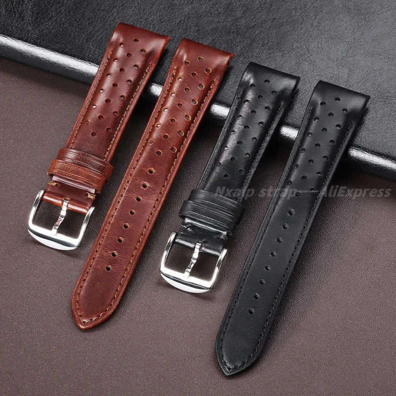 Retro Oil Wax Genuine Leather Watchbands 20mm 22mm Curved End Breathable Cowhide Watch Strap for Seiko for Omega Men\'s Watchband