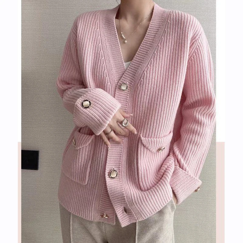 Gidyq Winter Women Cardigan Sweater Korean Fashion All Match Pocket Loose Knitted Coats Female Casual Big Button Warm Jacket New