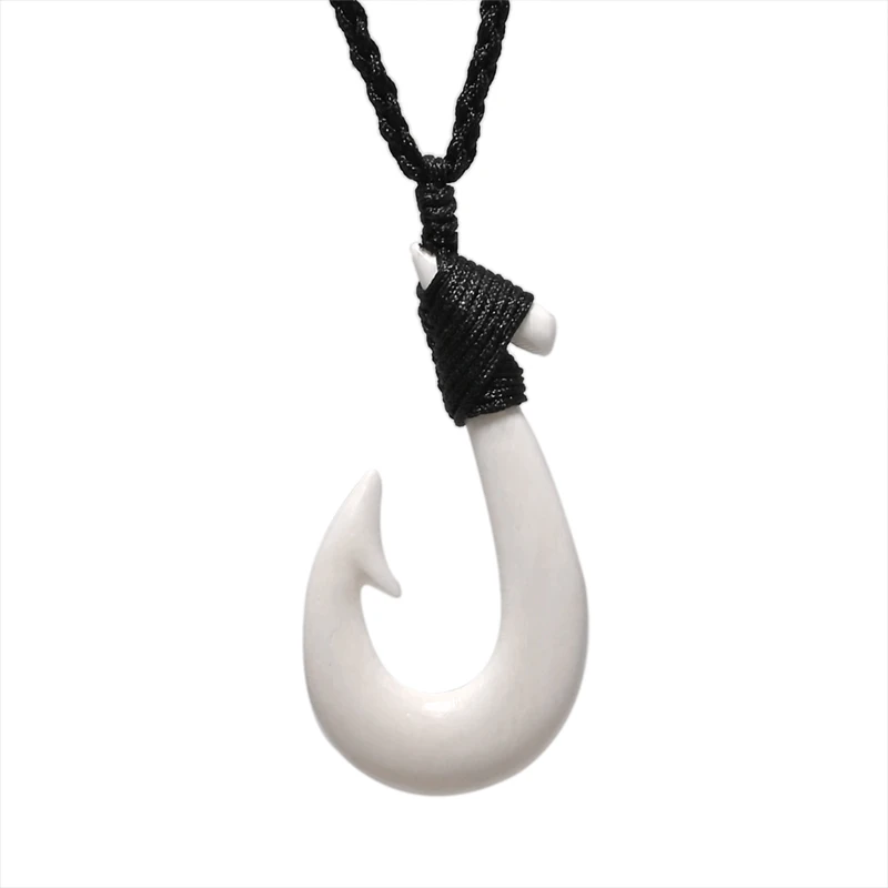 GX002 Handmade Men's Jewelry Primitive Tribes New Zealand Maori Pendant Yak Bone Fish Hook Choker Womens Necklace for Surfing