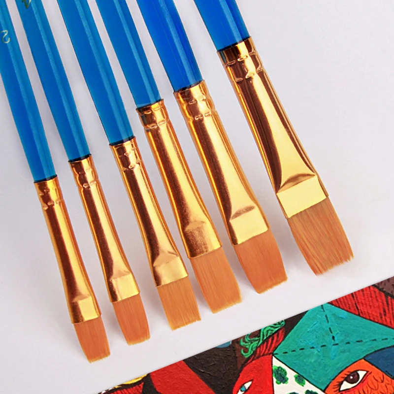 6 Pieces Set Candy Plastic Rod Flat Head Painting Brushes - Nylon Hair Brush for Oil Acrylic Watercolor Art Painting Supplies