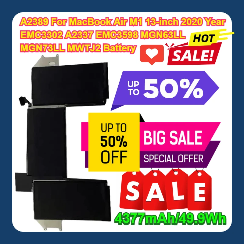 

A2389 4377mAh/49.9Wh For MacBook Air M1 13-inch 2020 Year EMC3302 A2337 EMC3598 MGN63LL MGN73LL MWTJ2 Battery
