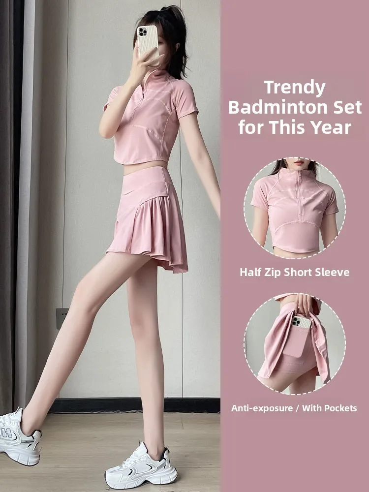 

Женский спортивный комплект: быстросохнущая одежда для фитнеса, йоги, бадминтона, тенниса, юбка-шорты, футболка с молнией