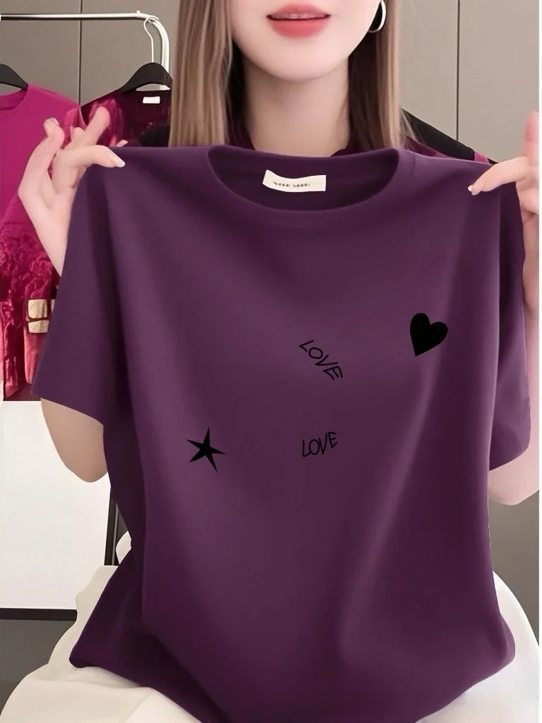 

Loose round Neck Short Sleeve T-Shirt Heart Pattern Printed Breathable Polyester Fiber Women's Fashion Middle-Aged And Elderl...
