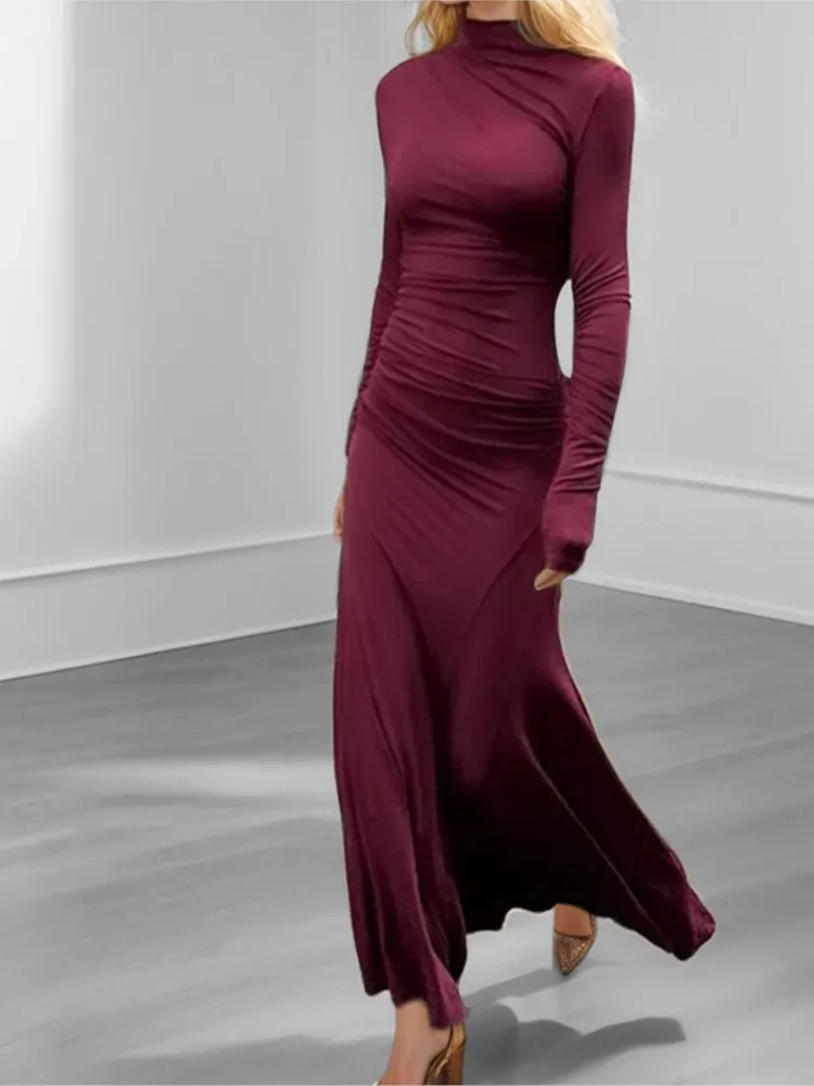 

Elegant Slim Fit Long Dress For Spring Summer Women's Clothing Solid Color Pleated Casual Long Sleeved Dress Hip Hugging Dress
