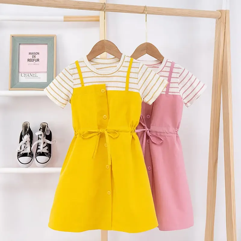 Girls Summer Dress 3 4 5 8 To 10 Years Girl Avant-garde Design Dresses Fake 2 Piece Girls Stitching Dignified Daily Casual Dress