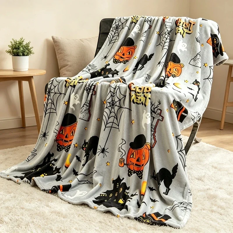 Halloween Flannel Throw Blanket Pumpkin Ghost Bat Print Soft Warm Cozy Bed Sofa Couch Cover Autumn Fall Air‑conditioning Blanket