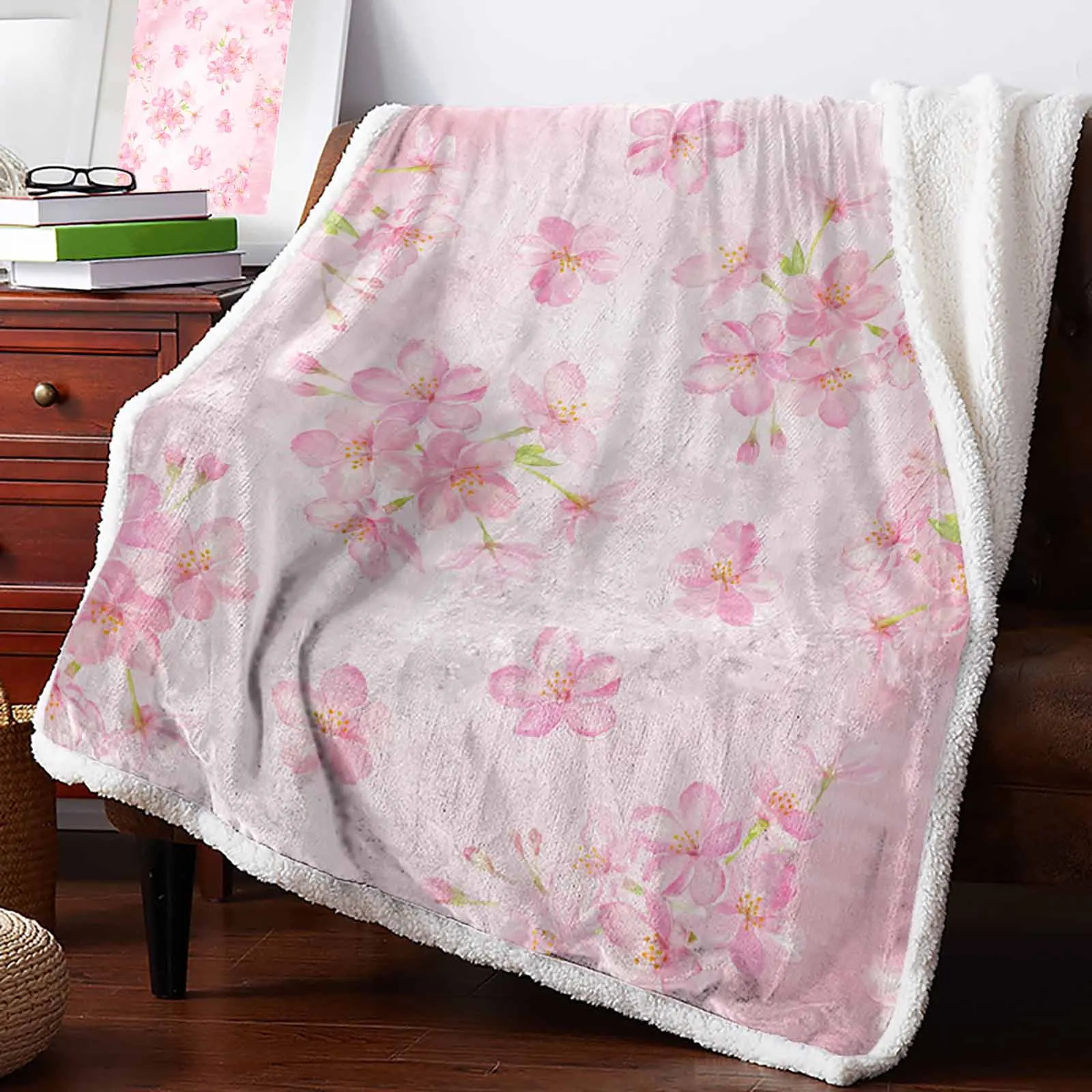 Watercolor Cherry Blossom Flower Cashmere Blanket Warm Winter Soft Throw Blankets for Beds Sofa Wool Blanket Bedspread