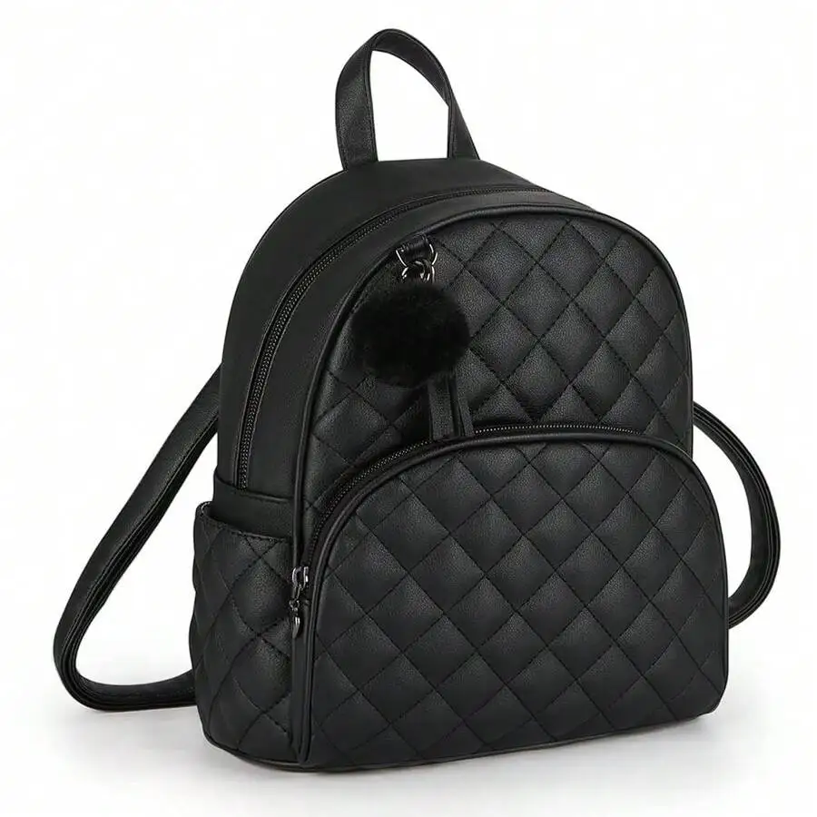 

Quilted Mini Backpack For Women PU Leather Small Travel Shoulder Bag With Fur Pom