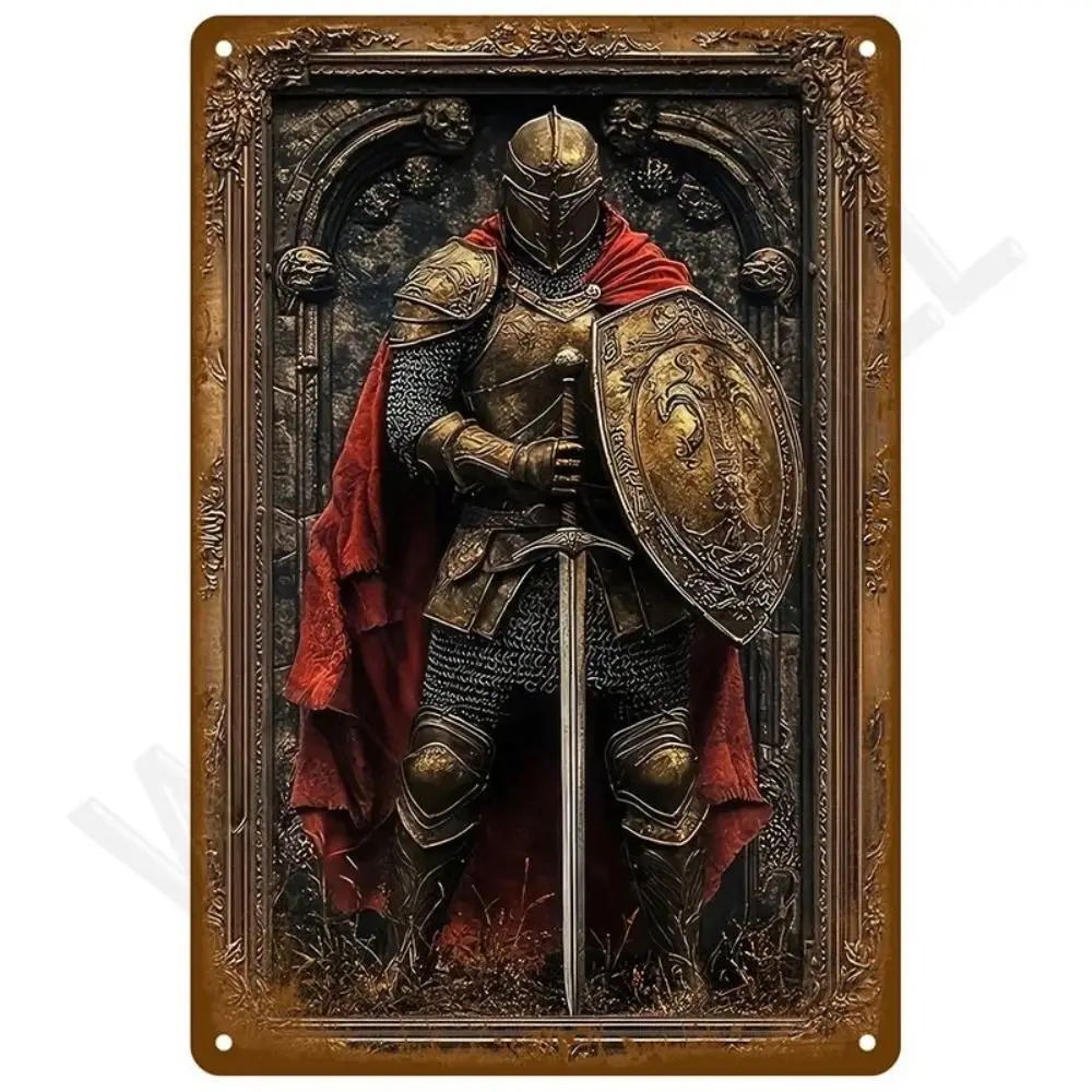 Medieval Knight Metal Wall Art, Fantasy Relief Decor, 2D Flat Poster 20x30cm, Gothic Home Accent