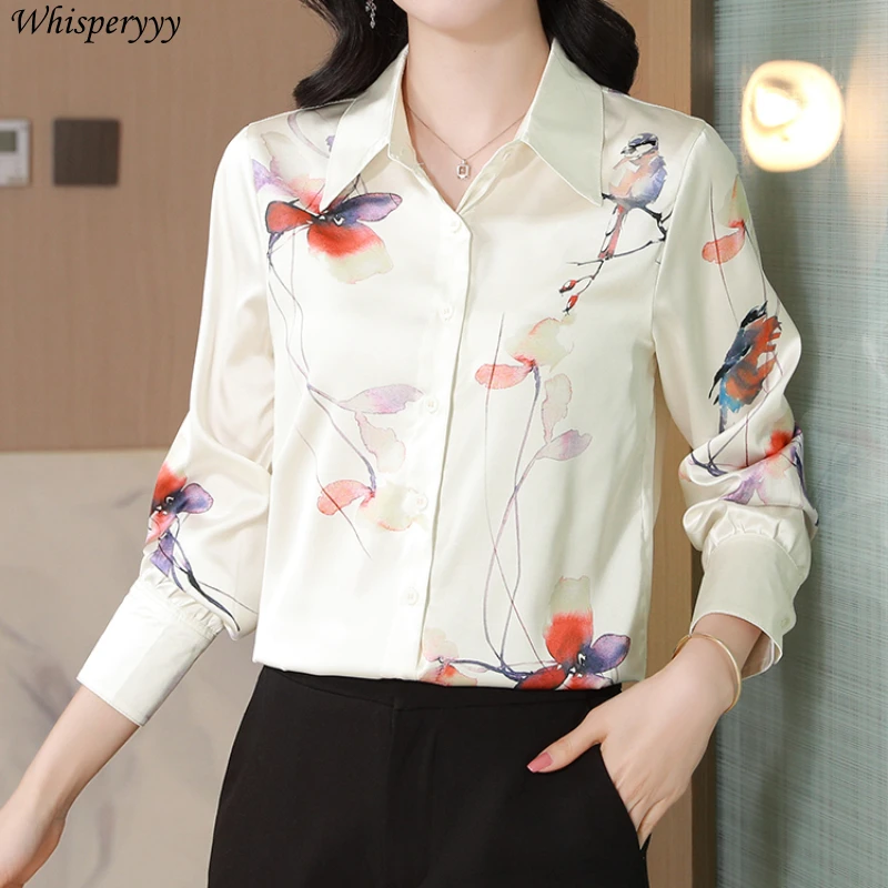 New Chinese Style Printed Shirt Loose Turn-down Collar Long Sleeve Thin Button Tops Women Spring Autumn Fashion Blouse Female