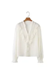 2025 Spring Summer Women French Fashion Chiffon Shirts Ruffle Design Single-breasted Vintage Blouses