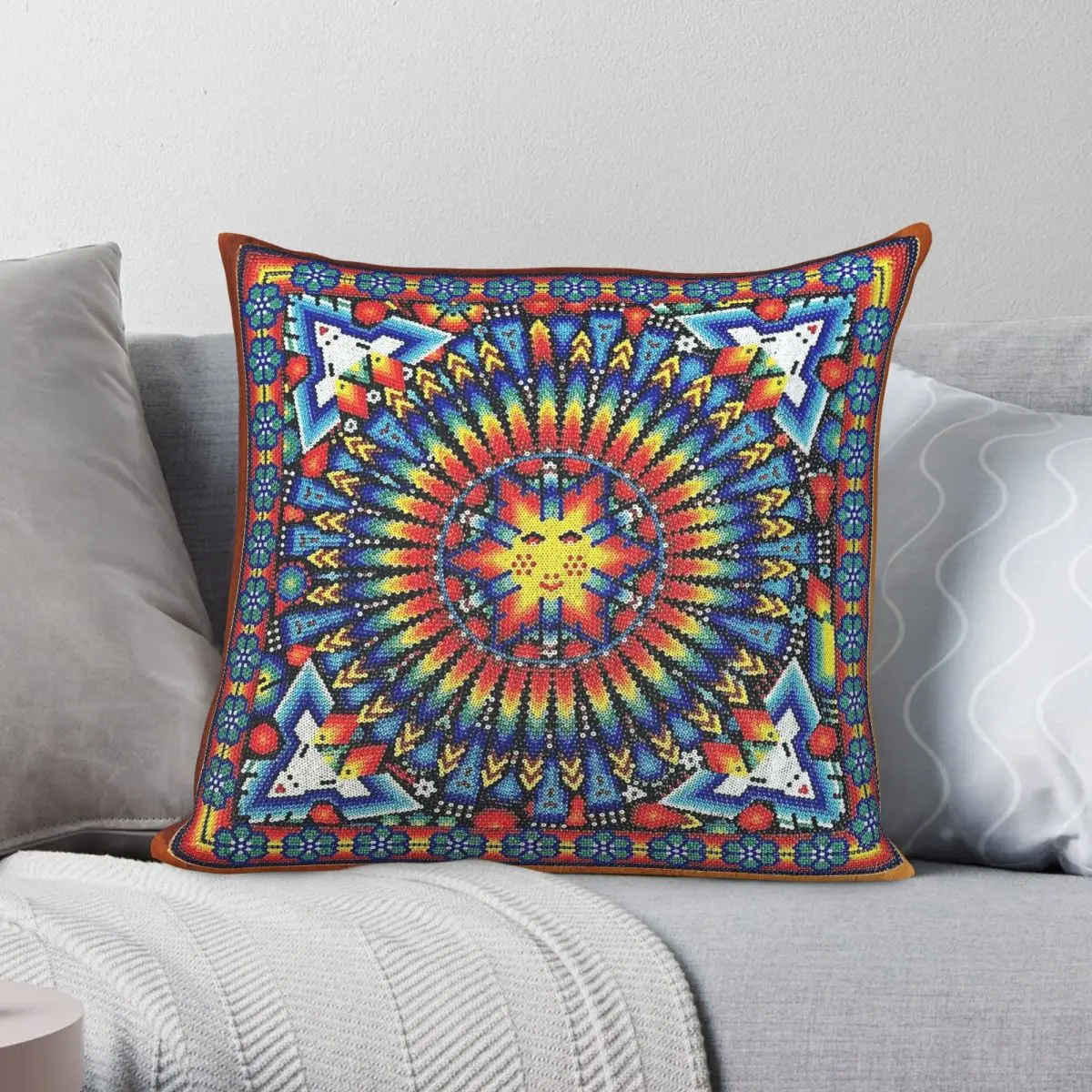 Mexican Huichol Folk Square Pillowcase Polyester Linen Velvet Printed Zip Decorative Bed Cushion Cover