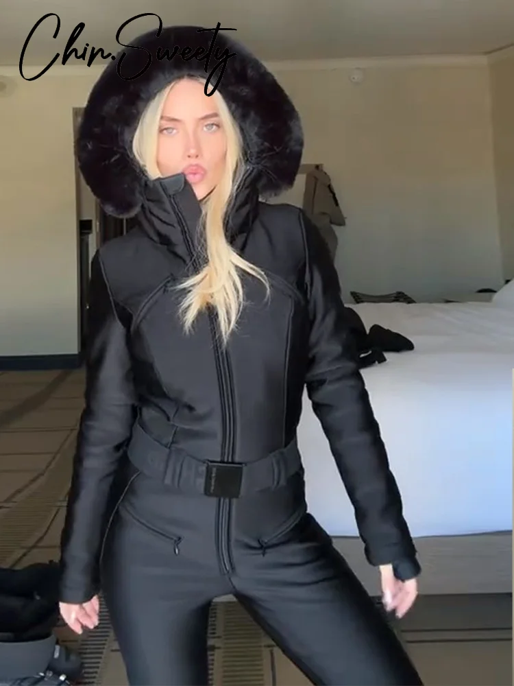 شيك فو الفراء المرقعة المرأة بذلة التزلج عالية حزام خصر سحابات جيب سيدة ملابس التزلج 2025 الشتاء الربيع الإناث رومبير