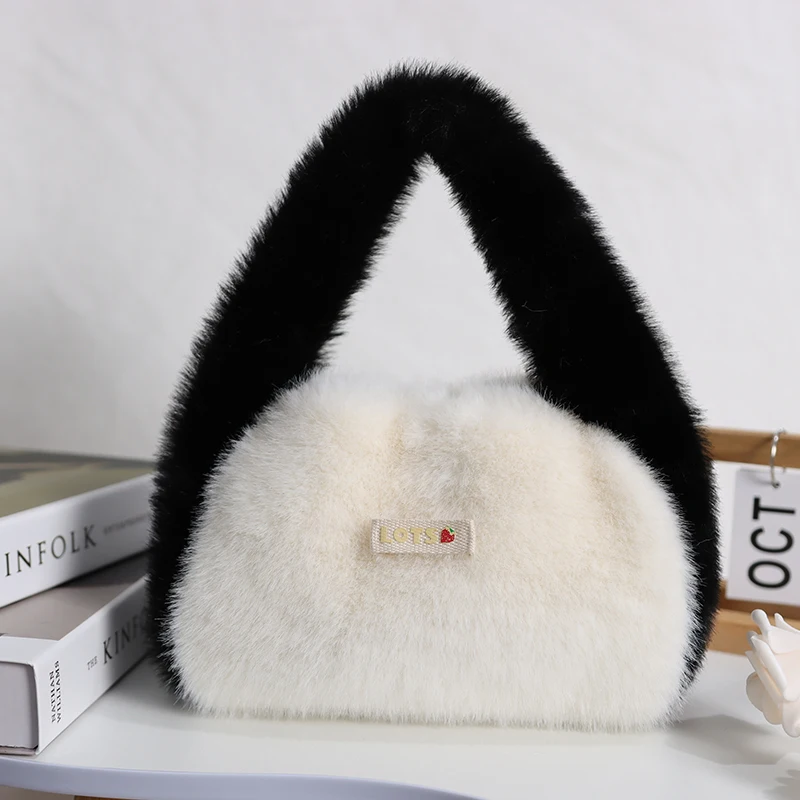 Leuke Vrouwen Zachte Pluche Schoudertas Contrast Kleur Dames Faux Fur Clutch Purse Tote Handtassen Winter Vrouwelijke Diner Party tas