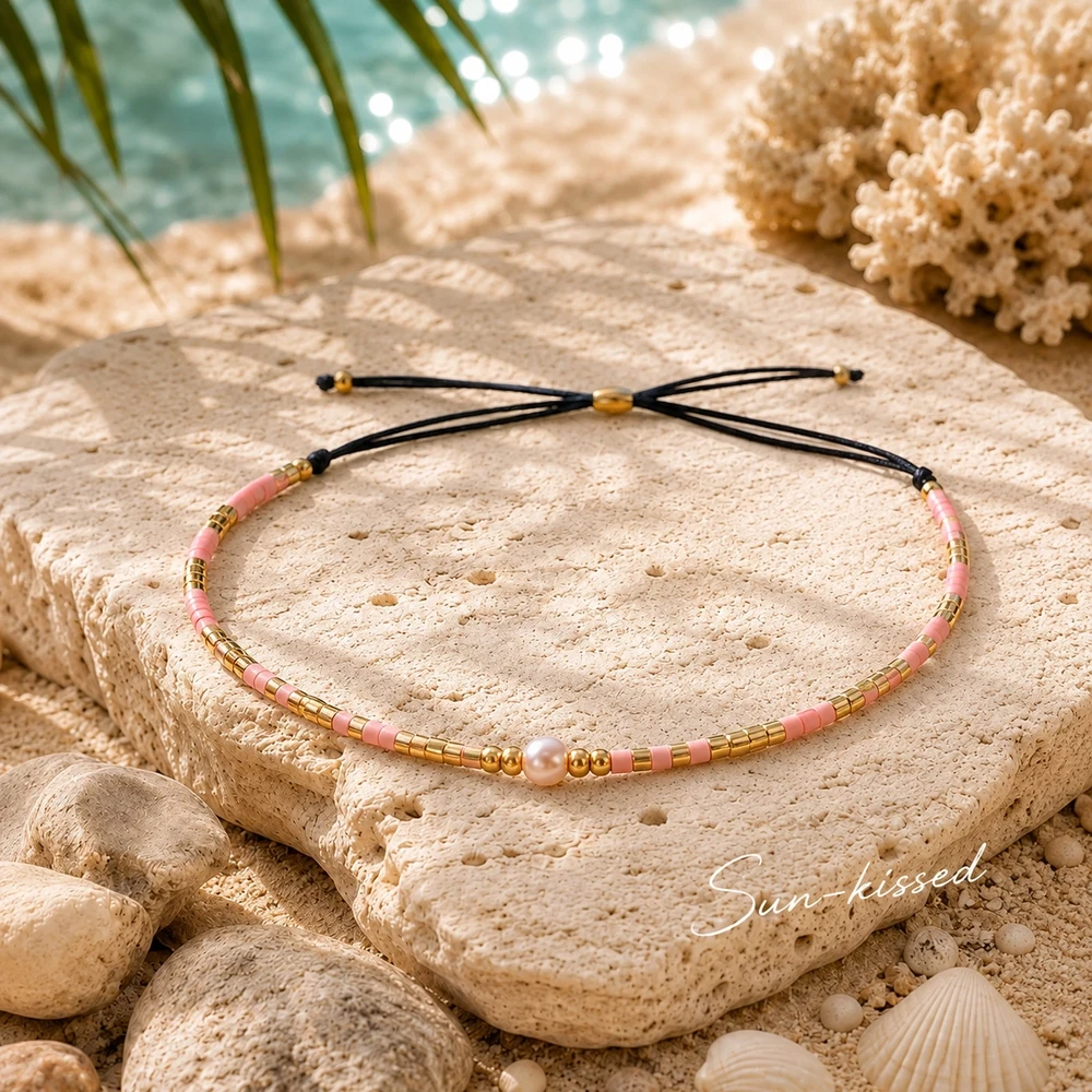 1pc Women's Adjustable Pink Glass Beaded Strand Bracelet with Round Center Bead and Lace-Up Cord Closure Trendy Style
