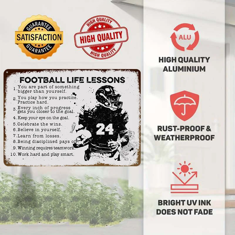 Football Life Lessons Metal Poster Customized Wall Art Retro Vintage Metal Signs for Man Cave Living Room Decoration Cozy House
