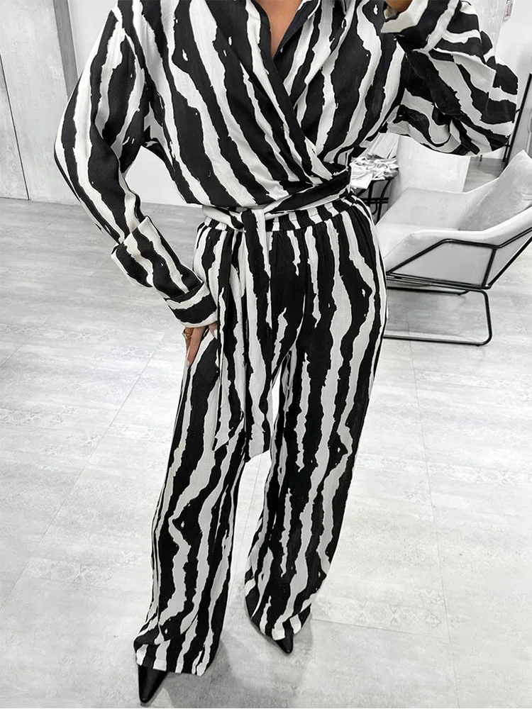 MSCSZ Vintage Striped Pants Sets Women 2 Piece Set Elegant Women Outfit Wrap Long Sleeve Shirt Casual Trousers Co ord Set