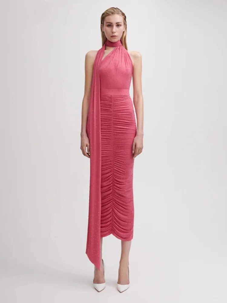 Elegant Sleeveless Halter Ribbon Ruched Details Backless Body Suit  Two Pieces Set  With Beaded Maxi Long Skirt Casual Wearing