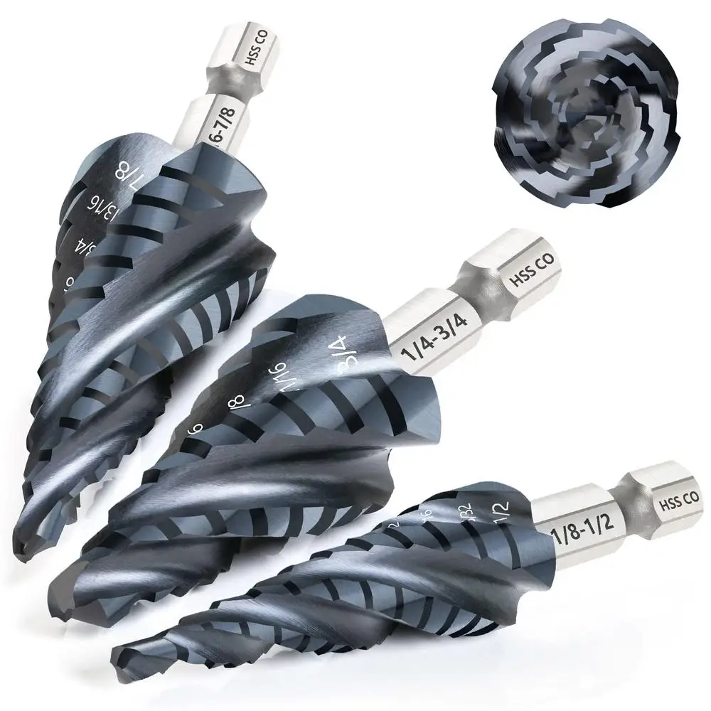 Step Drill Bit Set Cobalt Flute Unibit Bits TiAlN Coated Hex Shank Metal M35 High Speed Steel Spiral Drill 1/8