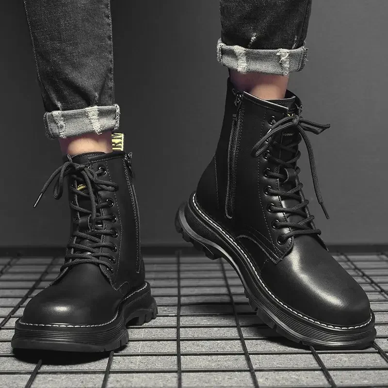 Scarpe in pelle da uomo Stivali casual da uomo con suola spessa nera Punta tonda Spedizione gratuita 2025 Calzature di tendenza Offerta Pu