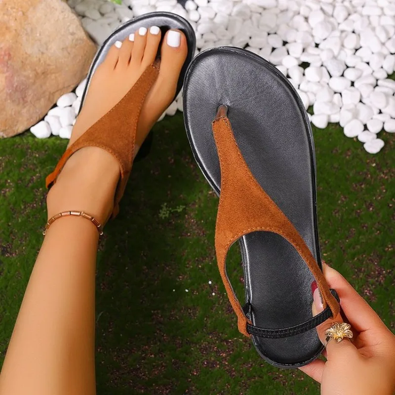 Women's T-Strap Sandals Open Toe Flat Heel Thong Slingback Construction Textured Surface Summer Casual Beach Outdoor Footwear