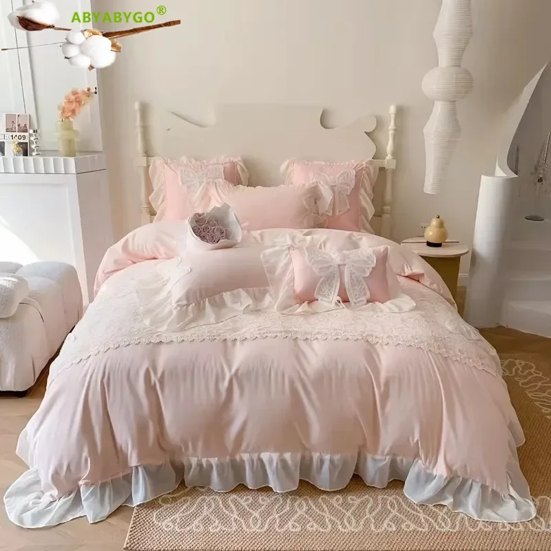 French Romantic Lace Patchwork Ruffles Bow Decoration Bedding Set Soft Cozy Pink Girls Duvet Cover Set Bed Sheet and Pillowcase