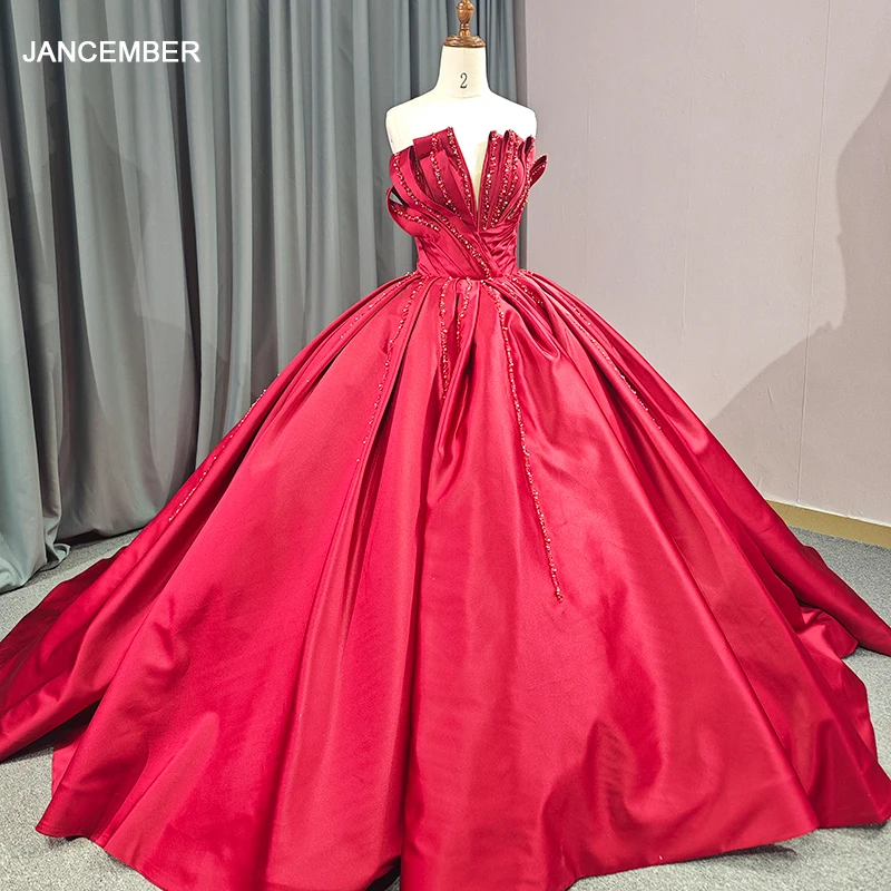 Jancember Strapless Sequins Ball Gown Lace Up Pleat Court Train Red Elegant Long Evening Bridesmaid Dress DY6681