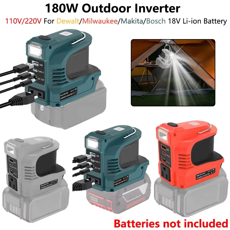 

180W Inverter Power Station For Dewalt/Milwaukee/Makita/Bosch 18V Li-ion Battery LED Outdoor Camping Adapter Power Supply Tool