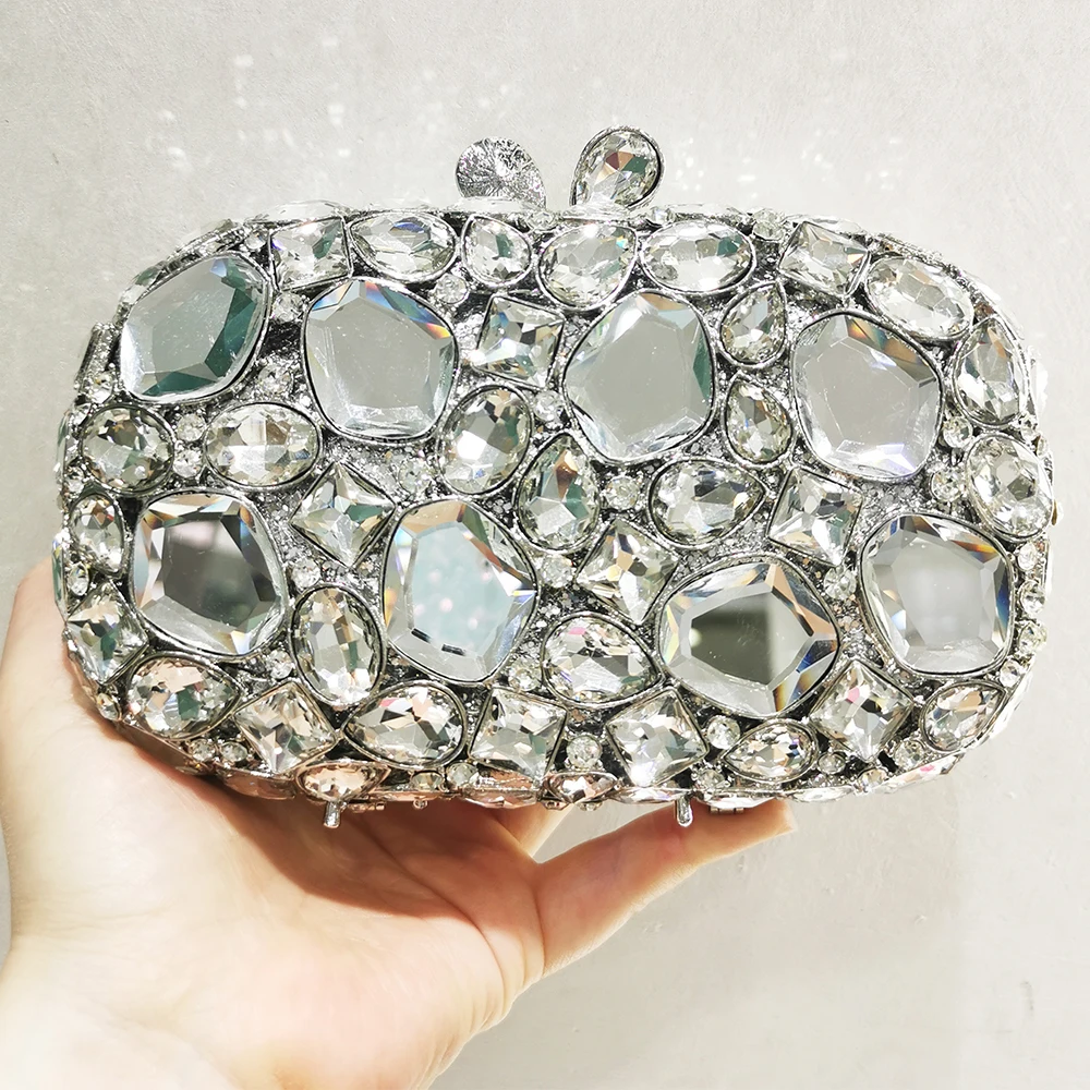 WHTUOHENLarge Silver Stones Wedding Dress Purses Women Bridal Crystal Handbags Rhinestone Party Prom Evening Clutches Minaudiere