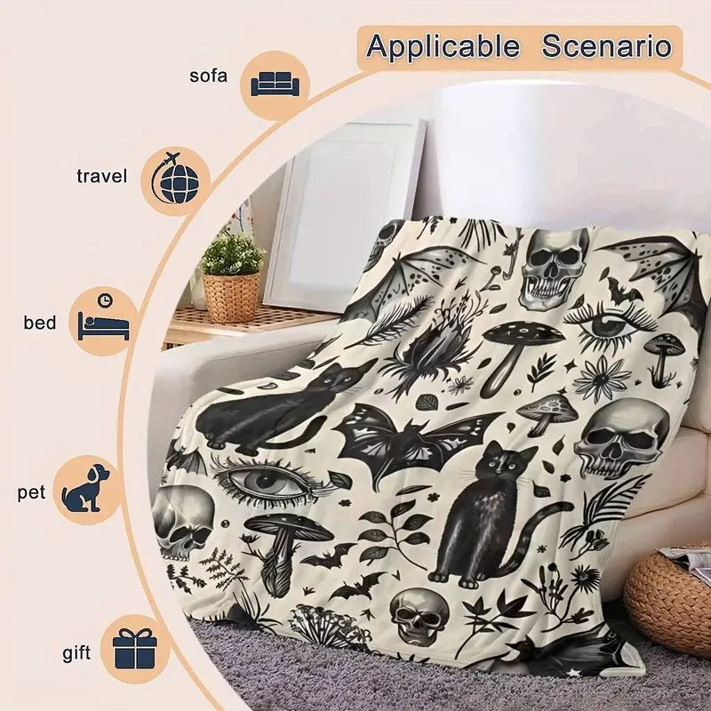 VIKAMA Gothic Black Cat Flannel Throw Blanket Skull Bat Mushroom Witchy Print Soft Warm Spooky Sofa Bedroom Decor Blanket