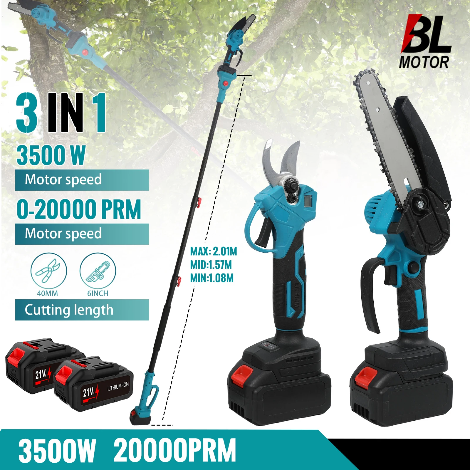 Motosega Elettrica Senza Spazzole 3500W con Asta Telescopica 3 IN 1, Sega per Rami Alti, Potatore per Giardino, Utensile per Potatura Alberi Compatibile con Batteria Makita
