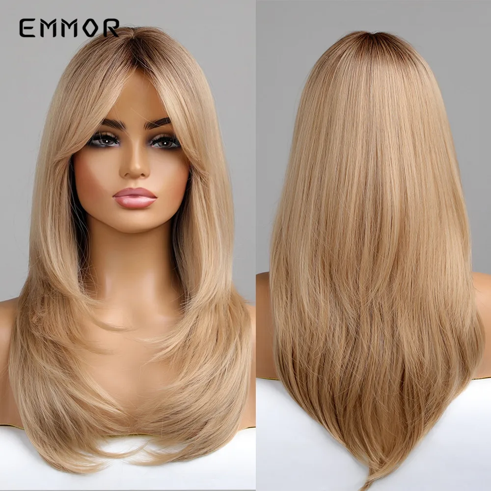 Emmor Wig Ombre Sintetis Coklat Ke Pirang dengan Wig Rambut Poni Cosplay Wig Tahan Panas Alami untuk Wanita Wig Rambut Harian