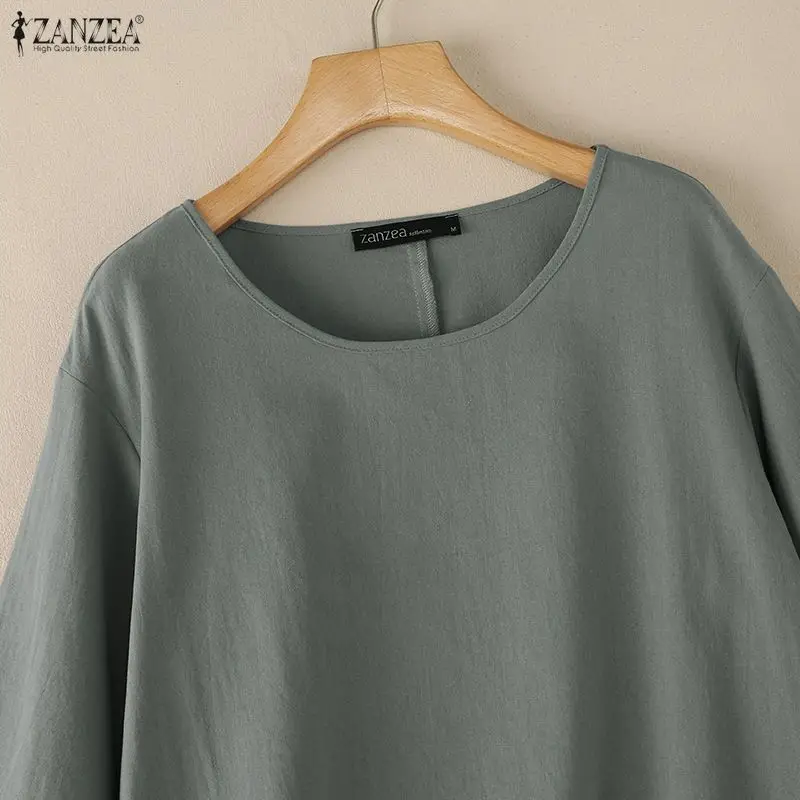 ZANZEA Lässige Baumwoll-Bluse für Damen mit 3/4-Armel, O-Ausschnitt, einfarbigem Hemd, asymmetrischem Saum, locker geschnitten, übergroße Urlaubstunika, Größe 3XL – Detail 8
