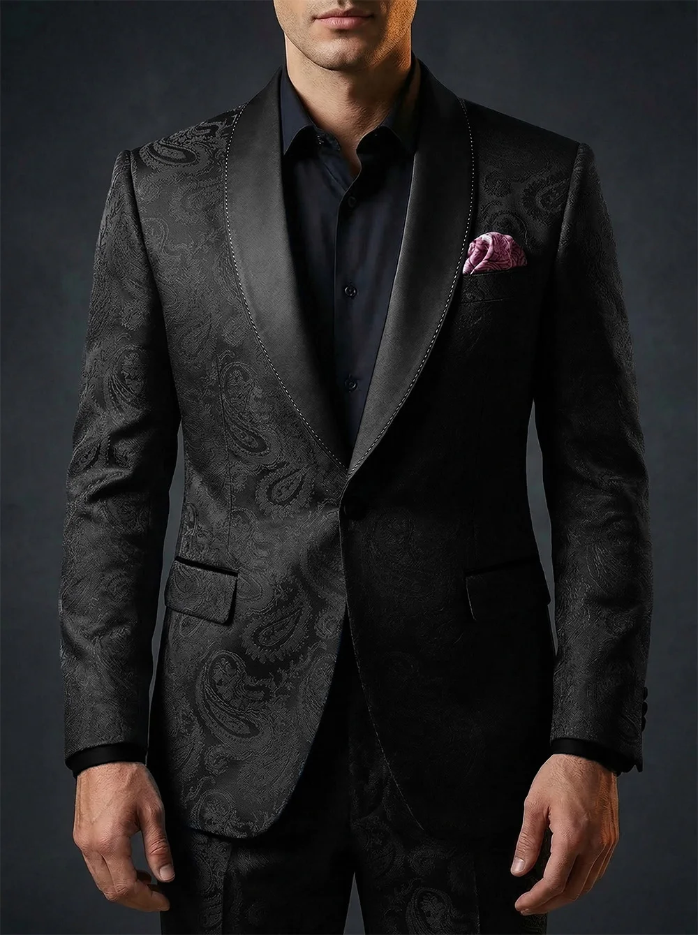 Jacquard Suit for Men Satin Shawl Lapel Single Breasted Elegant Tuxedo 2 Pieces Slim Fit Design Men's Suits (Blazer+Pants)