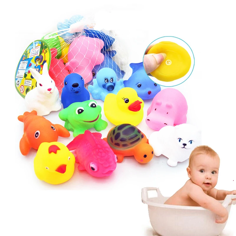 Juguetes de baño para bebés y niños, flotador de goma suave con dibujos de animales bonitos, juguetes de agua para nadar, juguetes de baño chirriantes con sonido