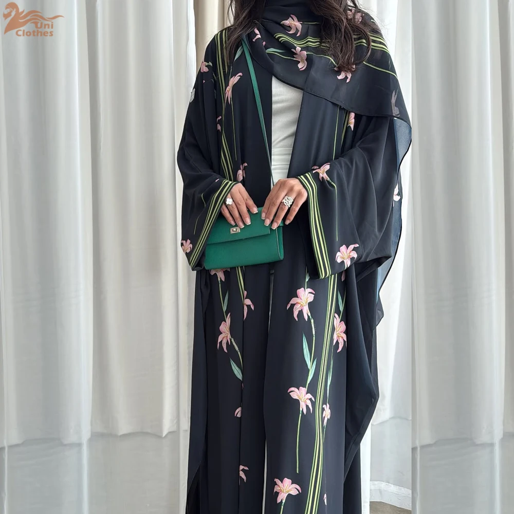

New Elegant Floral Print Open Abayas with Hijab Included Morocco Casual Cardigan Dress Women Muslim